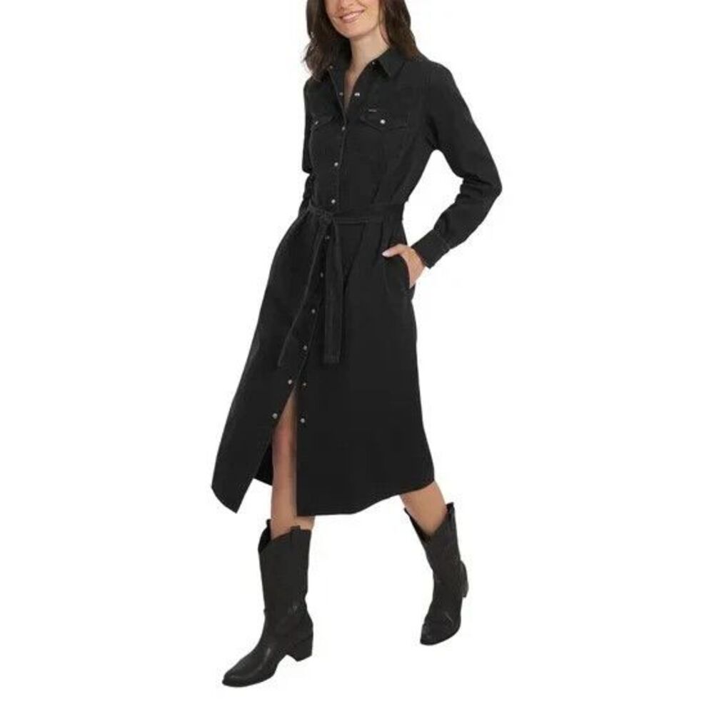 Wrangler Belted Denim Midi Dress Black 100% Cotton Button Front Women’s Large - Picture 6 of 7